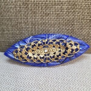 Blue and Gold Filigree Leaf Brooch - Elegant Women's Jewelry